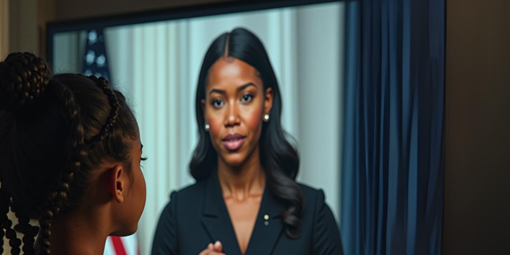 Girl watching a female president figure on tv