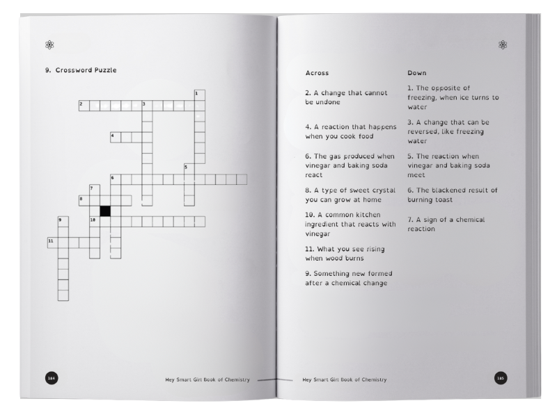 Workbook and trivia pages for chemistry learning