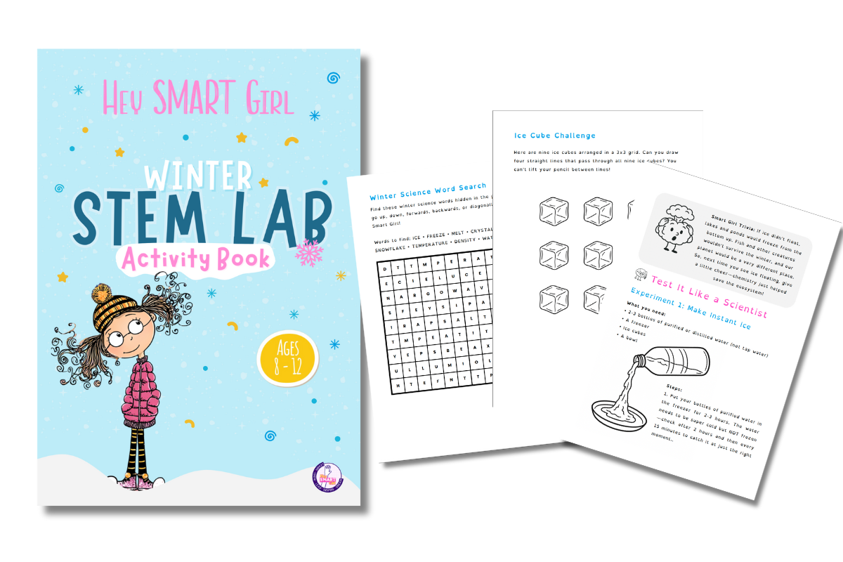 Winter STEM Lab Activity Book cover showing fun winter science experiments for kids