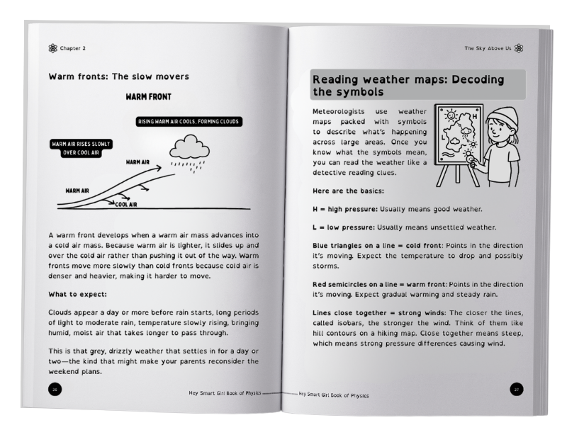 Weather fronts and weather map pages from Hey Smart Girl: Book of Earth Science