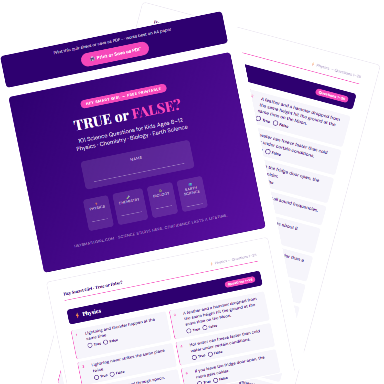 101 True or False Science Quiz printable sheet preview — Hey Smart Girl free download